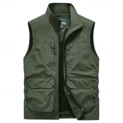 Men's Fishing Vest Sleeveless Vest Outdoor Modern Contemporary All Seasons Multi Pocket Chinlon Outdoor Solid / Plain Color Zipper Standing Collar Standard Fit Black ash-colored khaki Army Green Vest