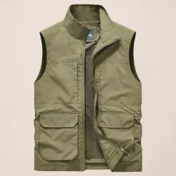 Men's Fishing Vest Sleeveless Vest Outdoor Modern Contemporary All Seasons Multi Pocket Chinlon Outdoor Solid / Plain Color Zipper Standing Collar Standard Fit Black ash-colored khaki Army Green Vest