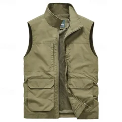 Men's Fishing Vest Sleeveless Vest Outdoor Modern Contemporary All Seasons Multi Pocket Chinlon Outdoor Solid / Plain Color Zipper Standing Collar Standard Fit Black ash-colored khaki Army Green Vest