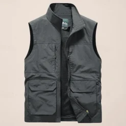 Men's Fishing Vest Sleeveless Vest Outdoor Modern Contemporary All Seasons Multi Pocket Chinlon Outdoor Solid / Plain Color Zipper Standing Collar Standard Fit Black ash-colored khaki Army Green Vest