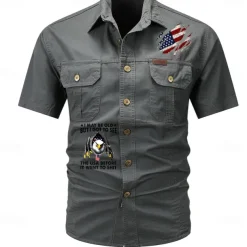 Men's Flag American US Flag Letter Printed Work Shirt Western Shirt Cargo Shirt Short Sleeve Western Style Tactical Fashion Casual Going out Summer Turndown Buttons Print Black Army Green Khaki Dark