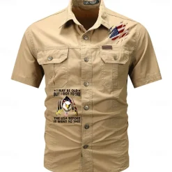 Men's Flag American US Flag Letter Printed Work Shirt Western Shirt Cargo Shirt Short Sleeve Western Style Tactical Fashion Casual Going out Summer Turndown Buttons Print Black Army Green Khaki Dark