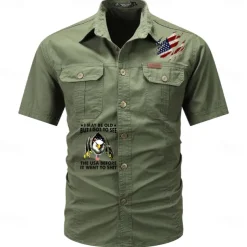 Men's Flag American US Flag Letter Printed Work Shirt Western Shirt Cargo Shirt Short Sleeve Western Style Tactical Fashion Casual Going out Summer Turndown Buttons Print Black Army Green Khaki Dark