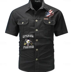 Men's Flag American US Flag Letter Printed Work Shirt Western Shirt Cargo Shirt Short Sleeve Western Style Tactical Fashion Casual Going out Summer Turndown Buttons Print Black Army Green Khaki Dark
