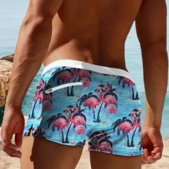 Men's Flamingo Bird Flower / Floral Swim Trunks Swim Shorts Board Shorts Mid Waist Fashion Designer Surfing Holiday Beach Pocket Drawstring Elastic Waist Designer Clothing Apparel