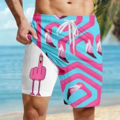 Men's Flamingo Bird Funny Lined Shorts 2 in 1 Board Shorts Swim Shorts Mid Waist Hawaiian Vacation Holiday Beach Wear Side Pockets With Compression Liner Elastic Drawstring Waist Designer Clothing