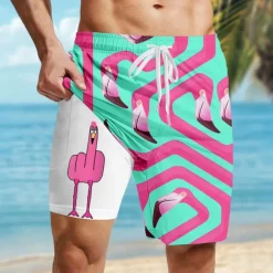 Men's Flamingo Bird Funny Lined Shorts 2 in 1 Board Shorts Swim Shorts Mid Waist Hawaiian Vacation Holiday Beach Wear Side Pockets With Compression Liner Elastic Drawstring Waist Designer Clothing