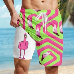 Men's Flamingo Bird Funny Lined Shorts 2 in 1 Board Shorts Swim Shorts Mid Waist Hawaiian Vacation Holiday Beach Wear Side Pockets With Compression Liner Elastic Drawstring Waist Designer Clothing