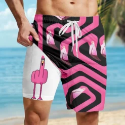 Men's Flamingo Bird Funny Lined Shorts 2 in 1 Board Shorts Swim Shorts Mid Waist Hawaiian Vacation Holiday Beach Wear Side Pockets With Compression Liner Elastic Drawstring Waist Designer Clothing
