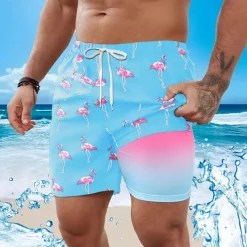Men's Flamingo Bird Lined Shorts Swim Shorts Board Shorts Mid Waist Hawaiian Vacation Holiday Beach Wear Side Pockets With Compression Liner Elastic Drawstring Waist Designer Clothing Apparel