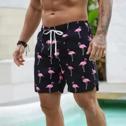Men's Flamingo Bird Lined Shorts Swim Shorts Board Shorts Mid Waist Hawaiian Vacation Holiday Beach Wear Side Pockets With Compression Liner Elastic Drawstring Waist Designer Clothing Apparel