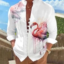 Men's Flamingo Bird Peacock Shirt Linen Shirt Summer Hawaiian Shirt Long Sleeve Casual Vacation Holiday Beach Wear Summer Spring Standing Collar 3D Print Button-Down Pink Blue