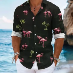 Men's Flamingo Summer Hawaiian Shirt Aloha Shirt Long Sleeve Hawaiian Beach Vacation Summer Spring Turndown Button Up Black