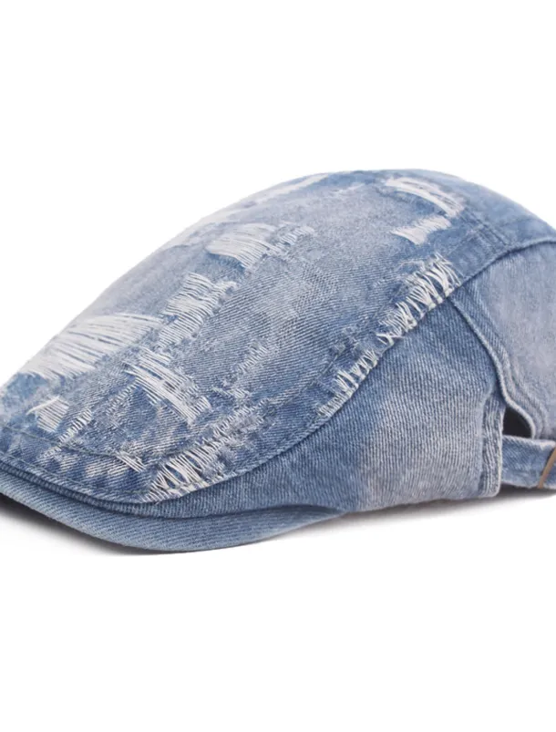 Men's Flat Cap Black Blue Denim Ripped Fashion Streetwear Stylish 1920s Fashion Outdoor Daily Going out Plain Warm