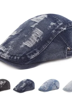 Men's Flat Cap Black Blue Denim Ripped Fashion Streetwear Stylish 1920s Fashion Outdoor Daily Going out Plain Warm
