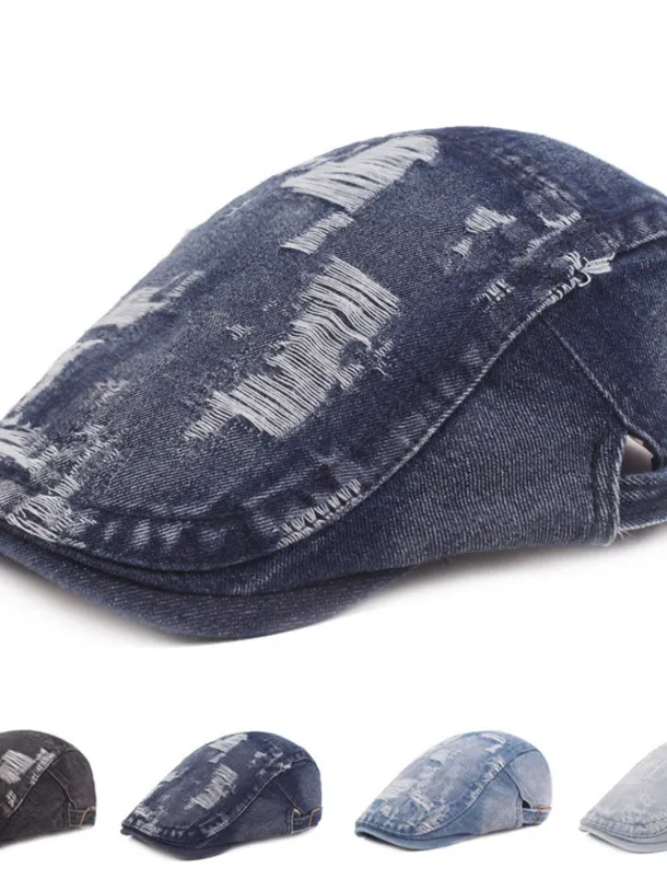 Men's Flat Cap Black Blue Denim Ripped Fashion Streetwear Stylish 1920s Fashion Outdoor Daily Going out Plain Warm
