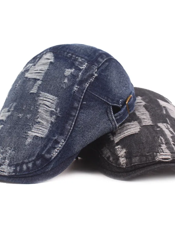 Men's Flat Cap Black Blue Denim Ripped Fashion Streetwear Stylish 1920s Fashion Outdoor Daily Going out Plain Warm
