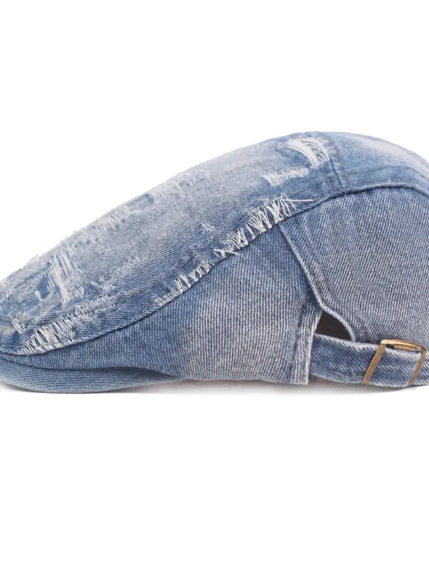 Men's Flat Cap Black Blue Denim Ripped Fashion Streetwear Stylish 1920s Fashion Outdoor Daily Going out Plain Warm