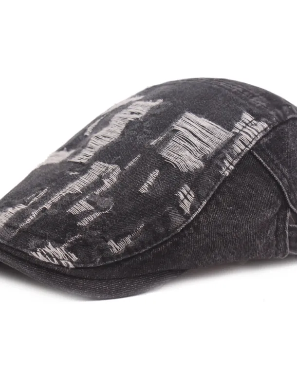 Men's Flat Cap Black Blue Denim Ripped Fashion Streetwear Stylish 1920s Fashion Outdoor Daily Going out Plain Warm