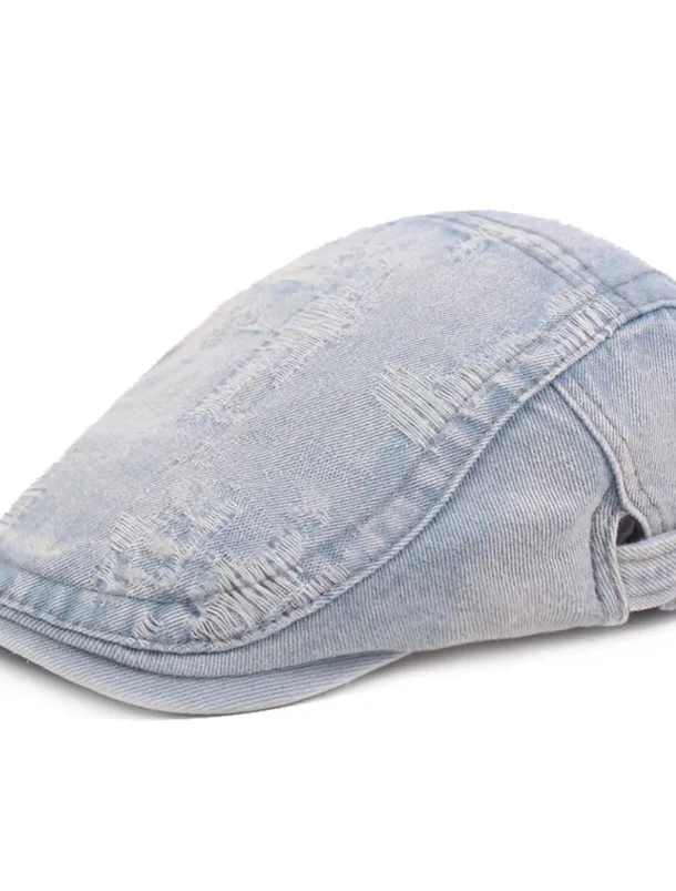 Men's Flat Cap Black Blue Denim Ripped Fashion Streetwear Stylish 1920s Fashion Outdoor Daily Going out Plain Warm
