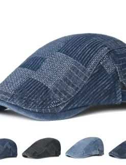 Men's Flat Cap Black Blue Denim Streetwear Stylish 1920s Fashion Outdoor Daily Going out Lattice Warm