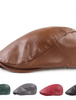 Men's Flat Cap Black Red Faux Leather Streetwear Stylish 1920s Fashion Outdoor Daily Going out Plain Warm