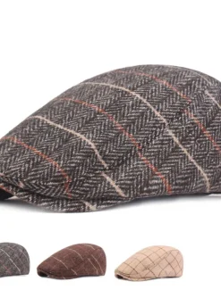 Men's Flat Cap Tweed Cap Brown Beige Cotton Streetwear Stylish 1920s Fashion Outdoor Daily Going out Stripe Warm