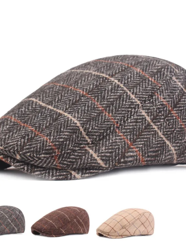 Men's Flat Cap Tweed Cap Brown Beige Cotton Streetwear Stylish 1920s Fashion Outdoor Daily Going out Stripe Warm
