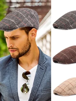 Men's Flat Cap Tweed Cap Brown Beige Cotton Streetwear Stylish 1920s Fashion Outdoor Daily Going out Stripe Warm
