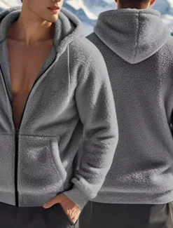 Men's Fleece Jacket Teddy Coat Hoodie Jacket Daily Vacation Thermal Warm Pocket Fleece Fall & Winter Plain Fashion Streetwear Hooded Regular Black Navy Blue Khaki Gray Jacket