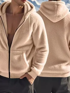 Men's Fleece Jacket Teddy Coat Hoodie Jacket Daily Vacation Thermal Warm Pocket Fleece Fall & Winter Plain Fashion Streetwear Hooded Regular Black Navy Blue Khaki Gray Jacket