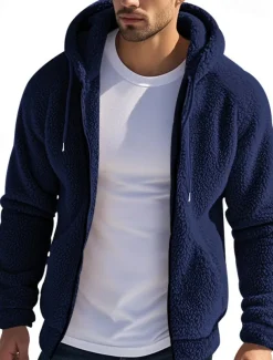 Men's Fleece Jacket Teddy Coat Hoodie Jacket Daily Vacation Thermal Warm Pocket Fleece Fall & Winter Plain Fashion Streetwear Hooded Regular Black Navy Blue Khaki Gray Jacket