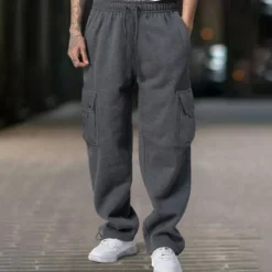 Men's Fleece Pants Sweatpants Joggers Trousers Cargo Sweatpants Drawstring Elastic Waist Multi Pocket Plain Comfort Warm Full Length Outdoor Casual Daily Sports Fashion Black White