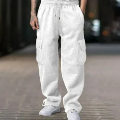 Men's Fleece Pants Sweatpants Joggers Trousers Cargo Sweatpants Drawstring Elastic Waist Multi Pocket Plain Comfort Warm Full Length Outdoor Casual Daily Sports Fashion Black White