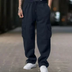 Men's Fleece Pants Sweatpants Joggers Trousers Cargo Sweatpants Drawstring Elastic Waist Multi Pocket Plain Comfort Warm Full Length Outdoor Casual Daily Sports Fashion Black White