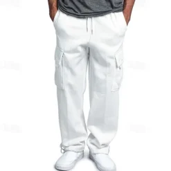 Men's Fleece Pants Sweatpants Joggers Trousers Cargo Sweatpants Drawstring Elastic Waist Multi Pocket Solid Color Windproof Outdoor Full Length Casual Daily Fashion Streetwear Loose Fit Black White