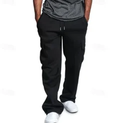 Men's Fleece Pants Sweatpants Joggers Trousers Cargo Sweatpants Drawstring Elastic Waist Multi Pocket Solid Color Windproof Outdoor Full Length Casual Daily Fashion Streetwear Loose Fit Black White