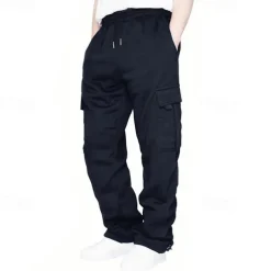 Men's Fleece Pants Sweatpants Joggers Trousers Cargo Sweatpants Drawstring Elastic Waist Multi Pocket Solid Color Windproof Outdoor Full Length Casual Daily Fashion Streetwear Loose Fit Black White