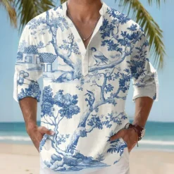 Men's Floral Botanical Summer Hawaiian Shirt Aloha Shirt Long Sleeve Hawaiian Resort Vacation Casual Summer Spring V Neck Buttons Blue