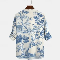 Men's Floral Botanical Summer Hawaiian Shirt Aloha Shirt Long Sleeve Hawaiian Resort Vacation Casual Summer Spring V Neck Buttons Blue