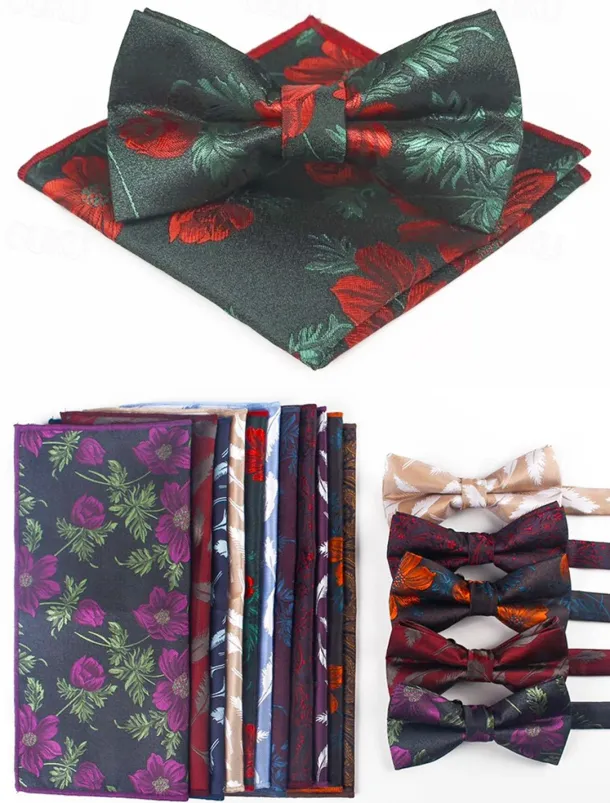 Men's Floral Bow Tie and Pocket Square Set – Elegant Printed Design, Formal Tuxedo Accessory for Weddings, Parties, and Special Occasions