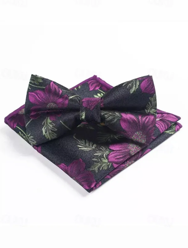 Men's Floral Bow Tie and Pocket Square Set – Elegant Printed Design, Formal Tuxedo Accessory for Weddings, Parties, and Special Occasions