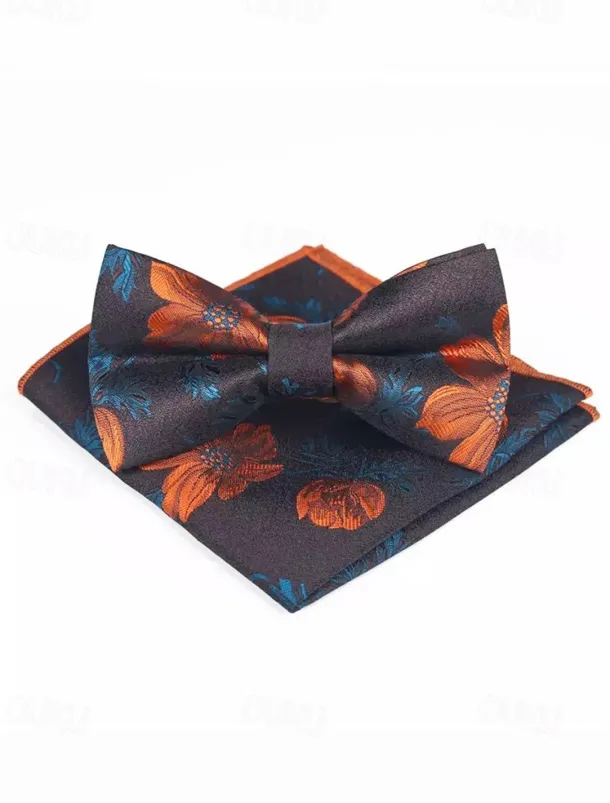 Men's Floral Bow Tie and Pocket Square Set – Elegant Printed Design, Formal Tuxedo Accessory for Weddings, Parties, and Special Occasions