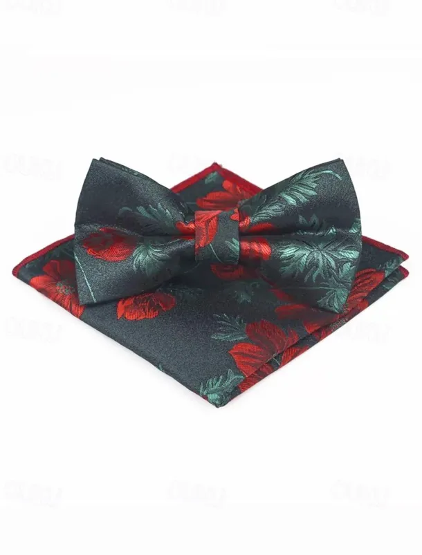 Men's Floral Bow Tie and Pocket Square Set – Elegant Printed Design, Formal Tuxedo Accessory for Weddings, Parties, and Special Occasions