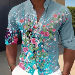Men's Floral Button Up Shirt Long Sleeve Casual Vacation Daily Summer Spring & Fall Band Collar grandad collar 3D Print White Pink Blue Sage
