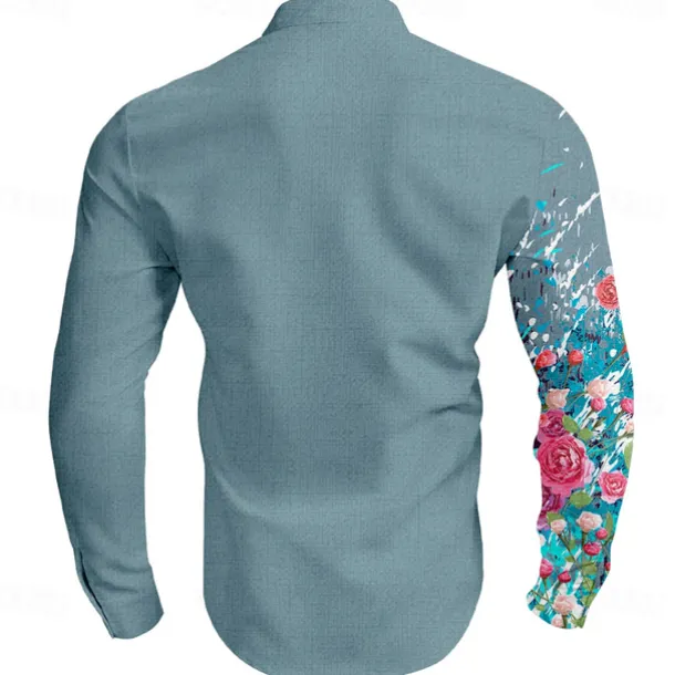 Men's Floral Button Up Shirt Long Sleeve Casual Vacation Daily Summer Spring & Fall Band Collar grandad collar 3D Print White Pink Blue Sage