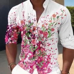 Men's Floral Button Up Shirt Long Sleeve Casual Vacation Daily Summer Spring & Fall Band Collar grandad collar 3D Print White Pink Blue Sage