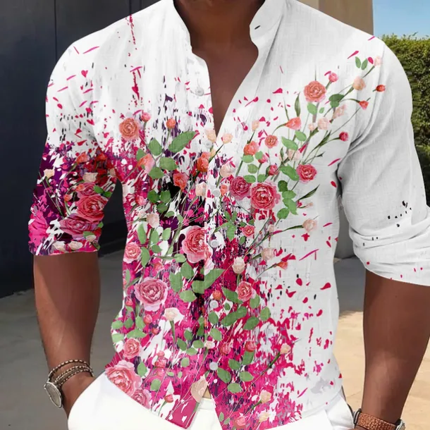Men's Floral Button Up Shirt Long Sleeve Casual Vacation Daily Summer Spring & Fall Band Collar grandad collar 3D Print White Pink Blue Sage