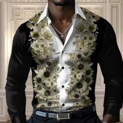 Men's Floral Casual Shirt Button Up Shirt Long Sleeve Casual Party Gift Casual Spring Fall Turndown Button Up Yellow Blue Purple Gray