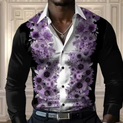 Men's Floral Casual Shirt Button Up Shirt Long Sleeve Casual Party Gift Casual Spring Fall Turndown Button Up Yellow Blue Purple Gray